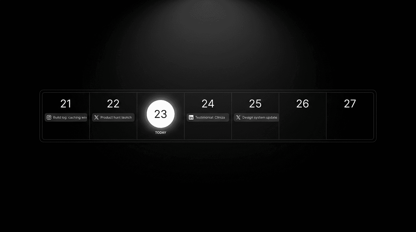 Zoomed view of one calendar week with scheduled posts and the today marker, on black.