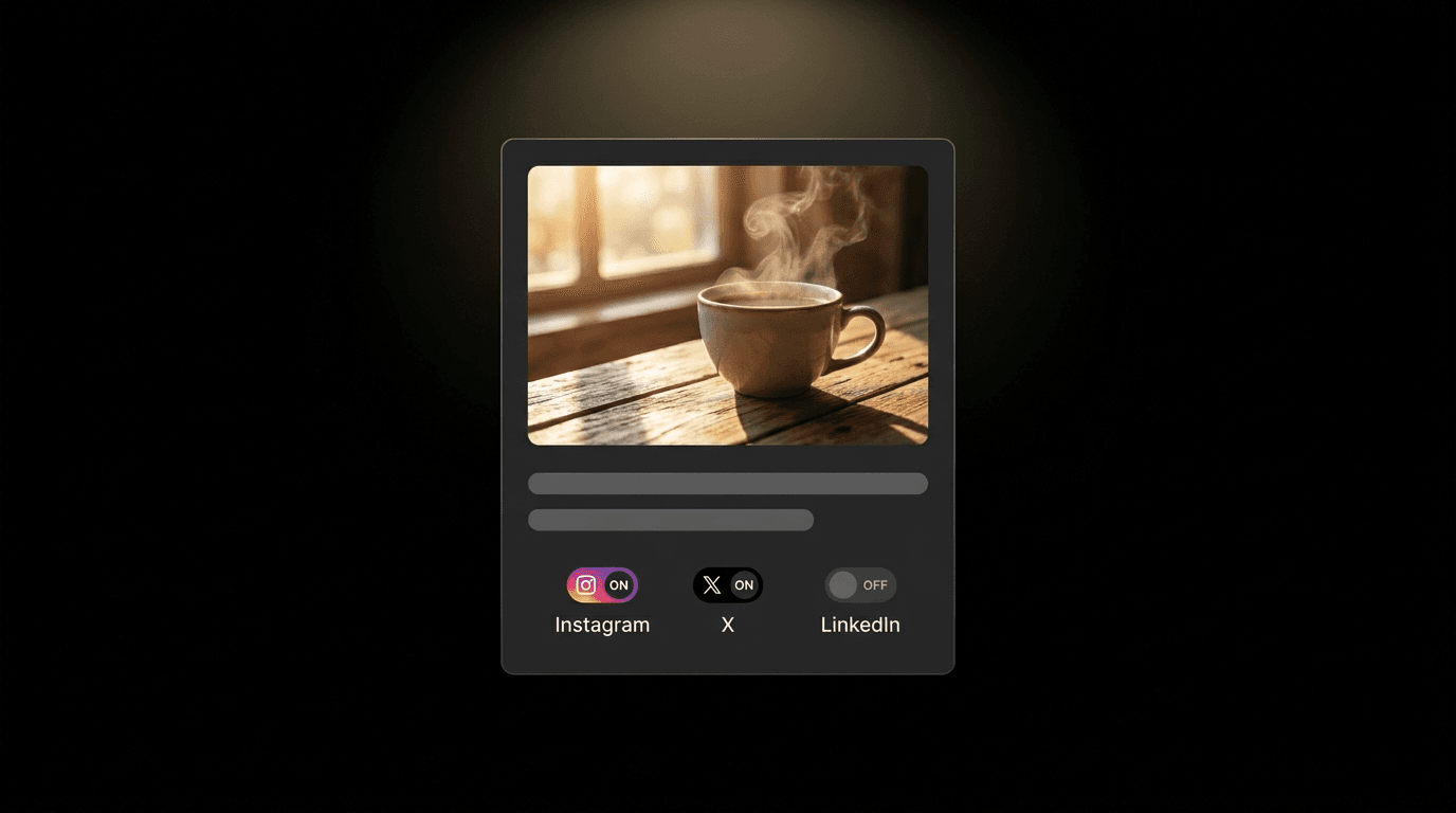 Zoomed view of a post card with photo and platform toggles, on black.